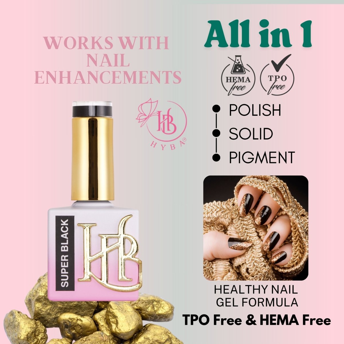 HYBRID SUPER BLACK Gel Polish - SINGLE BOTTLE LISTINGS - HYBA BEAUTY