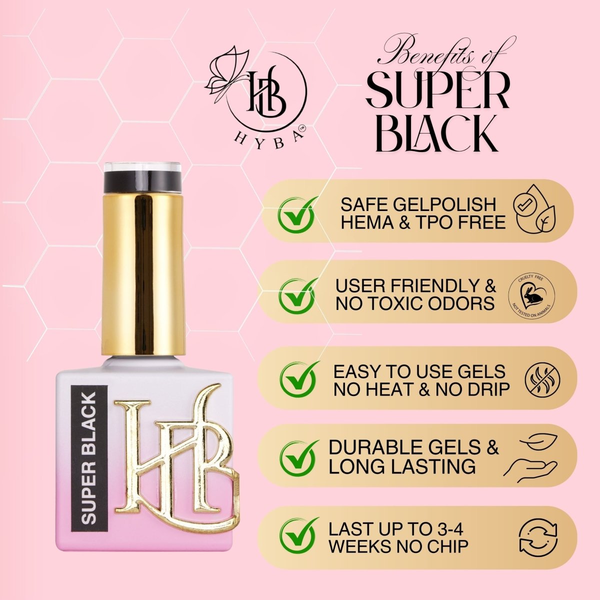 HYBRID SUPER BLACK Gel Polish - SINGLE BOTTLE LISTINGS - HYBA BEAUTY