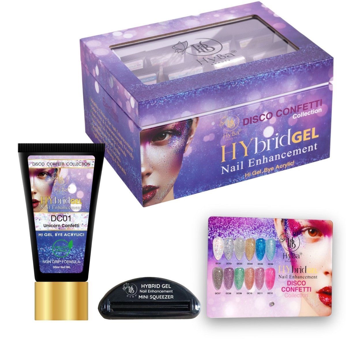 "5 DISCO CONFETTI HyGEL® Box Set - (Includes: 12 color tubes, 1 mini squeezer & 1 color chart) - HYBA BEAUTY