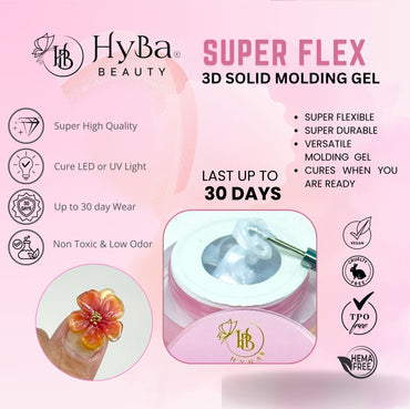 HyBa Beauty Super Flex 3D Solid Molding Gel packaging with product and features on a pink background white pearl molding gel solid gel builder gel