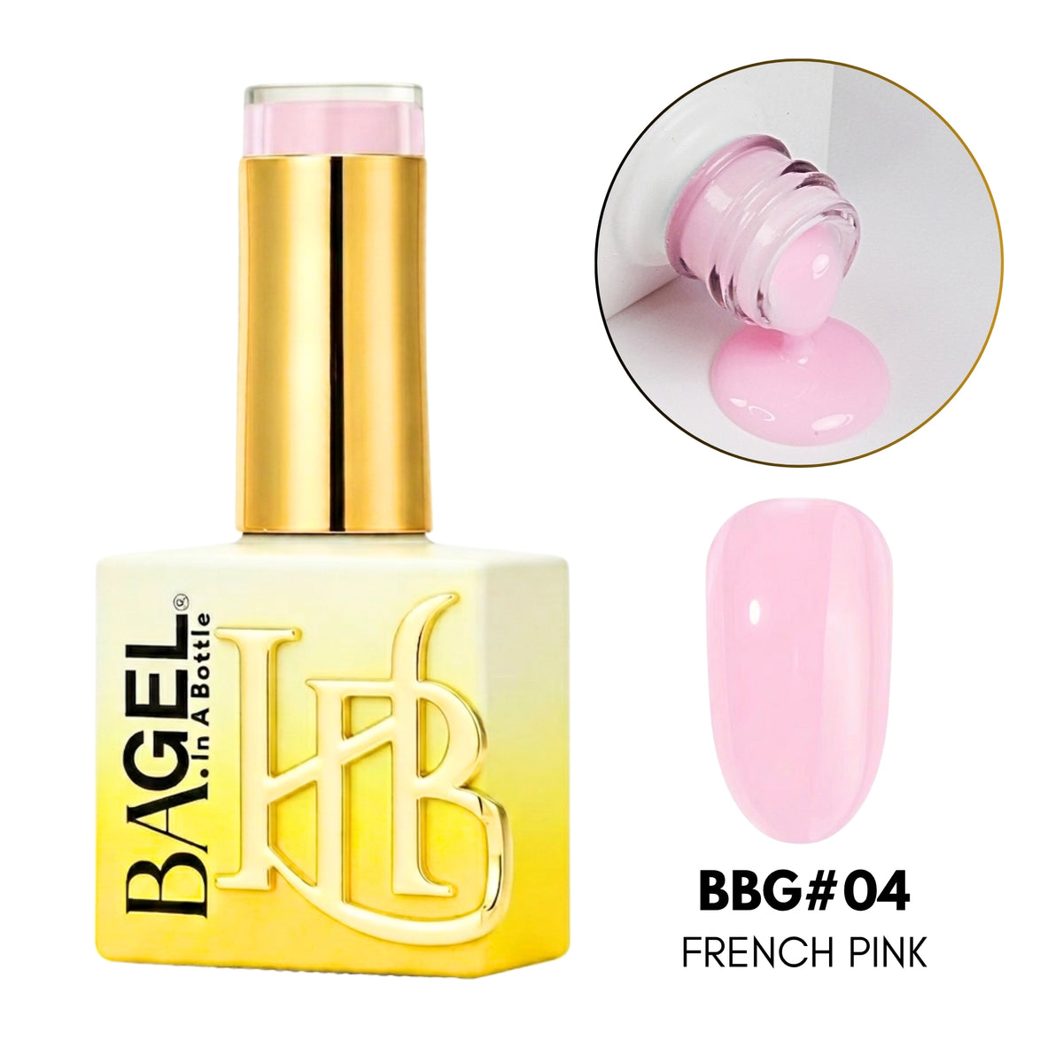 A bottle of BAGEL nail polish in shade BBG#04 French Pink, featuring a gold cap and a pale pink gradient bottle. The image includes a circular inset showing the pink polish being dispensed from the bottle and a glossy pink nail swatch with text below.
