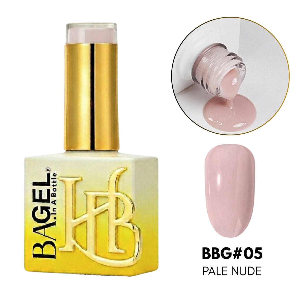 Bagel nail polish bottle in shade BBG#05 Pale Nude, featuring a pale pink gel polish shown in the bottle, a circular dropper application inset, and a glossy nail swatch on a white background.