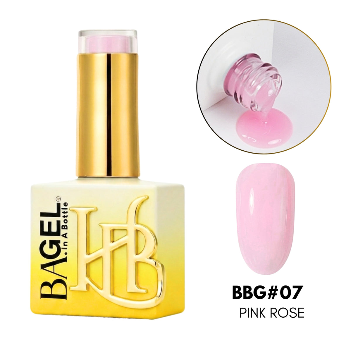 A bottle of BAGEL nail polish in shade BBG#07 Pink Rose, featuring a gold cap and a yellow-to-pink gradient bottle. An inset circle shows the pink gel polish dripping from the bottle, and a glossy pink nail swatch is displayed next to the text 'BBG#07 PINK ROSE'.