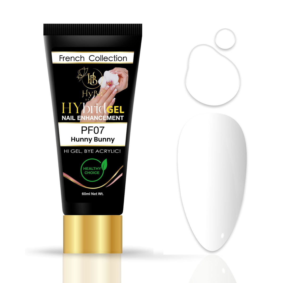 A black squeeze tube of Hybrid Gel nail enhancement with a gold cap, labeled 'Hybrid GEL Nail Enhancement PF07 Hunny Bunny', shown on a white background next to a white nail tip sample and two circular gel droplets.