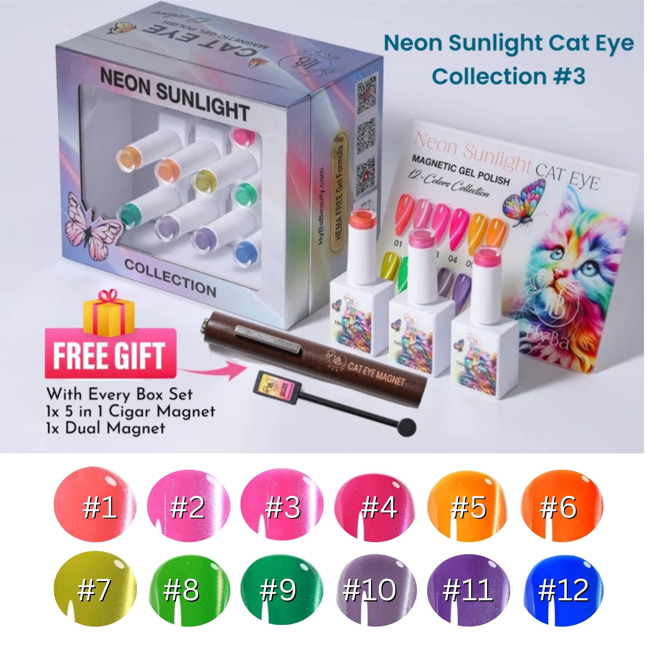 Neon Sunlight Cat Eye nail polish collection with packaging and free gift offer.