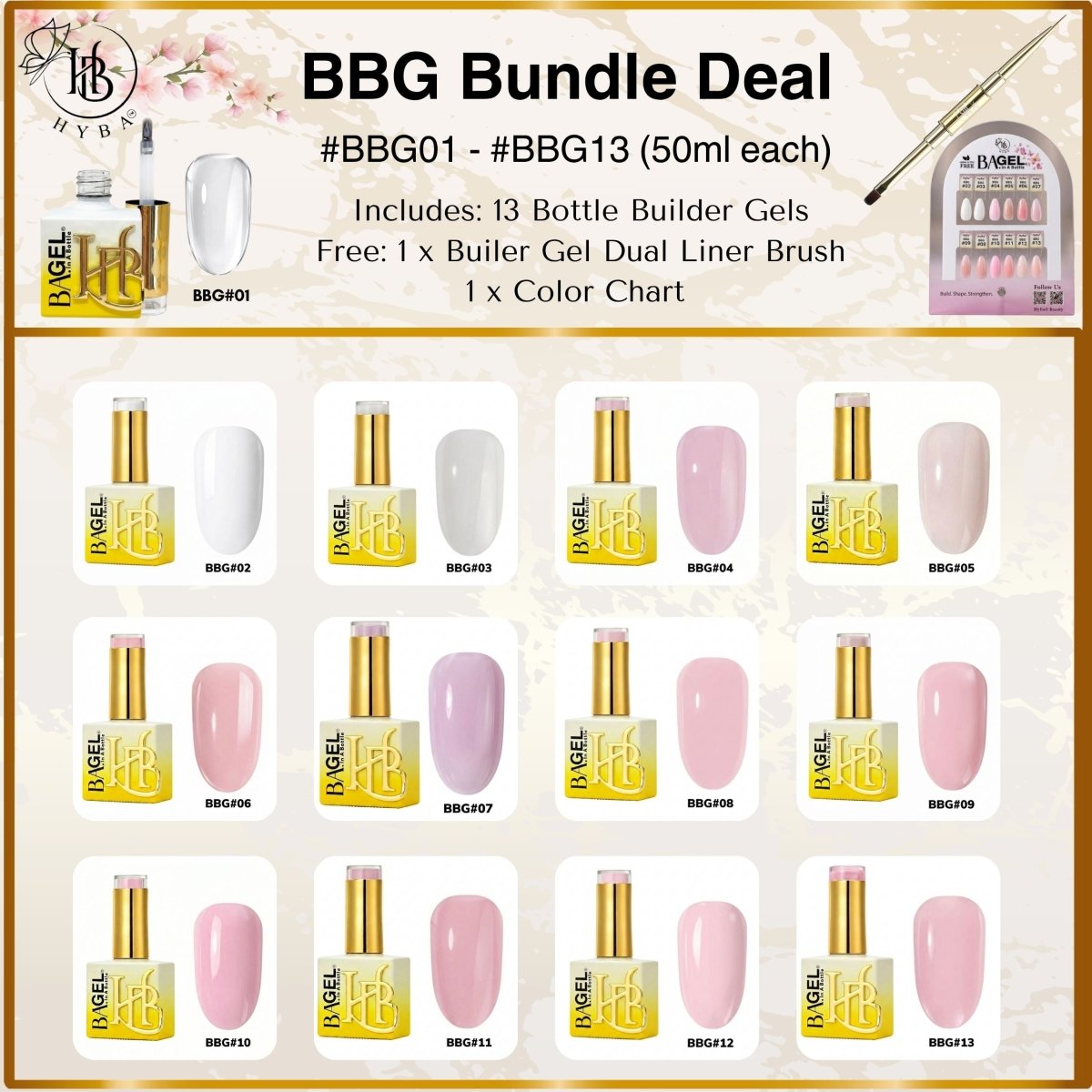 BBG® - Builder Bottle Gel Bundle Deal BBG01 - BBG13 - Free 16 Builder Gel Brush - HYBA BEAUTY