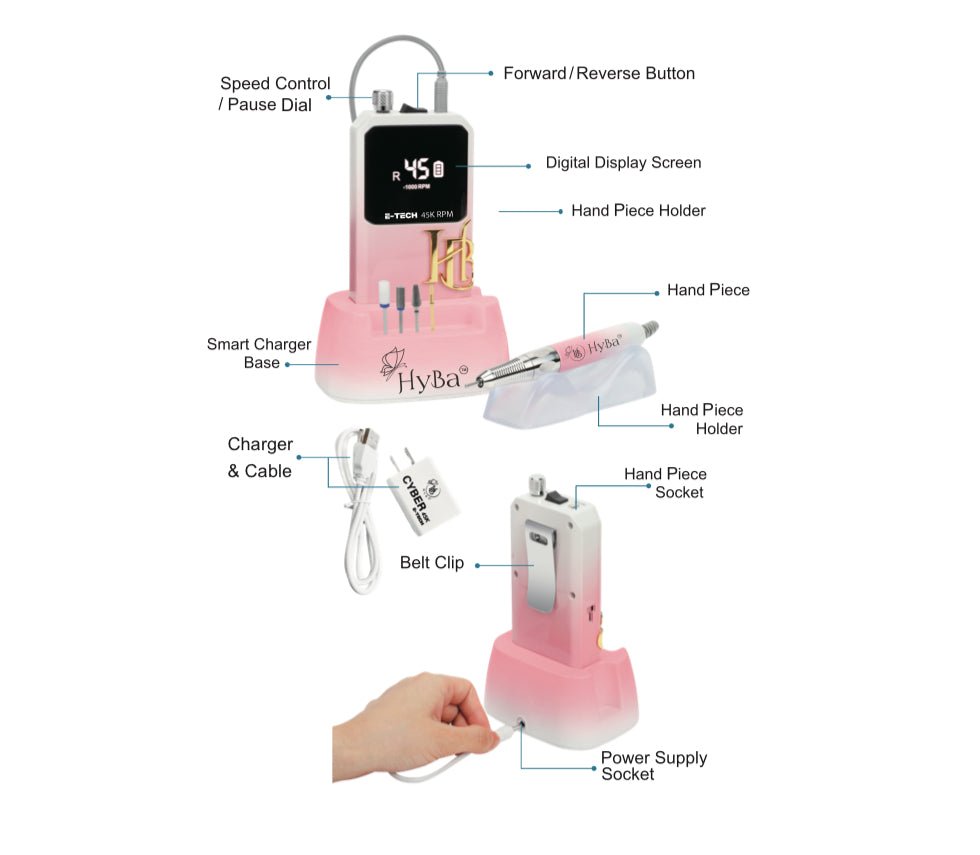 CYBER E - TECH 45K /FLAMINGO - Professional E - FILE Nail Machine - HYBA BEAUTY