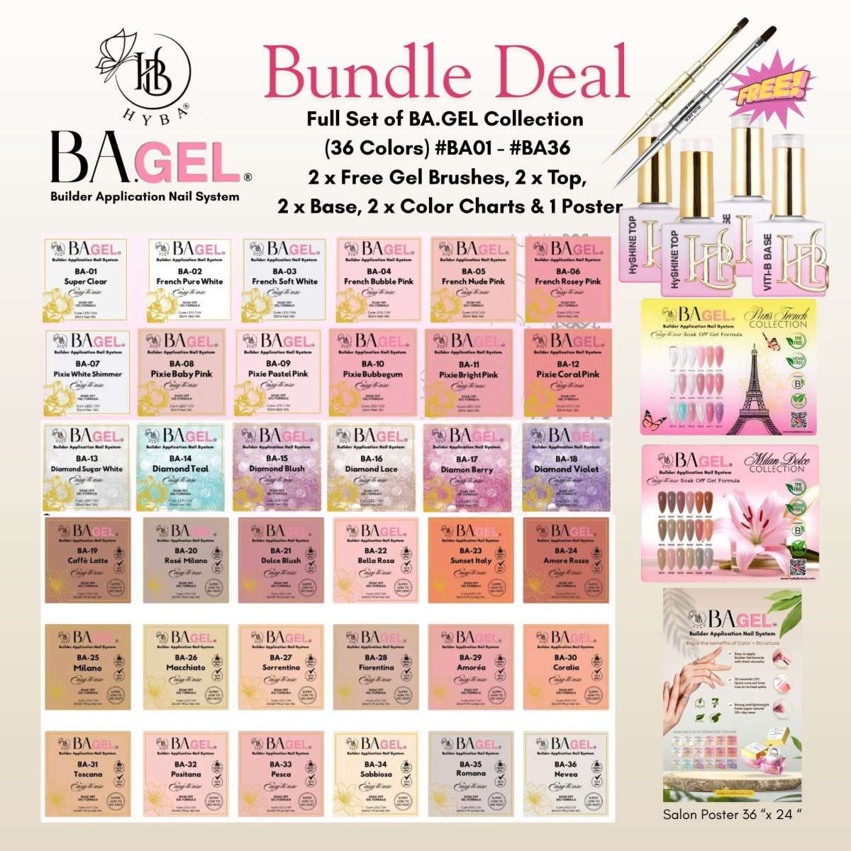 Full Collection - BA.GEL® Builder Gel - 36 Colors (BA01 - BA36) - HYBA BEAUTY