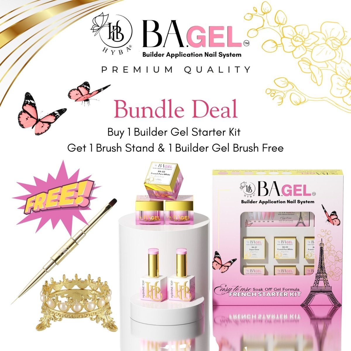 SPECIAL DEAL - BA.GEL® Paris French Builder Gel Starter Kit + Free Gold Builder Brush & Brush Stand - HYBA BEAUTY
