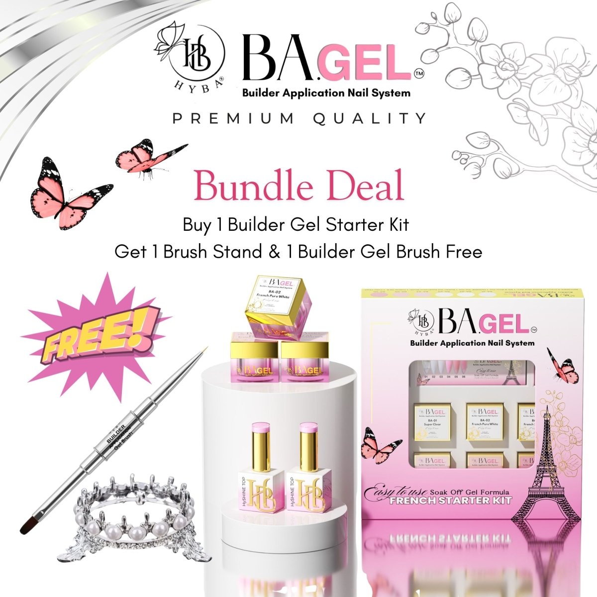 SPECIAL DEAL - BA.GEL® Paris French Builder Gel Starter Kit + Free Sliver Builder Gel Brush & Brush Stand - HYBA BEAUTY